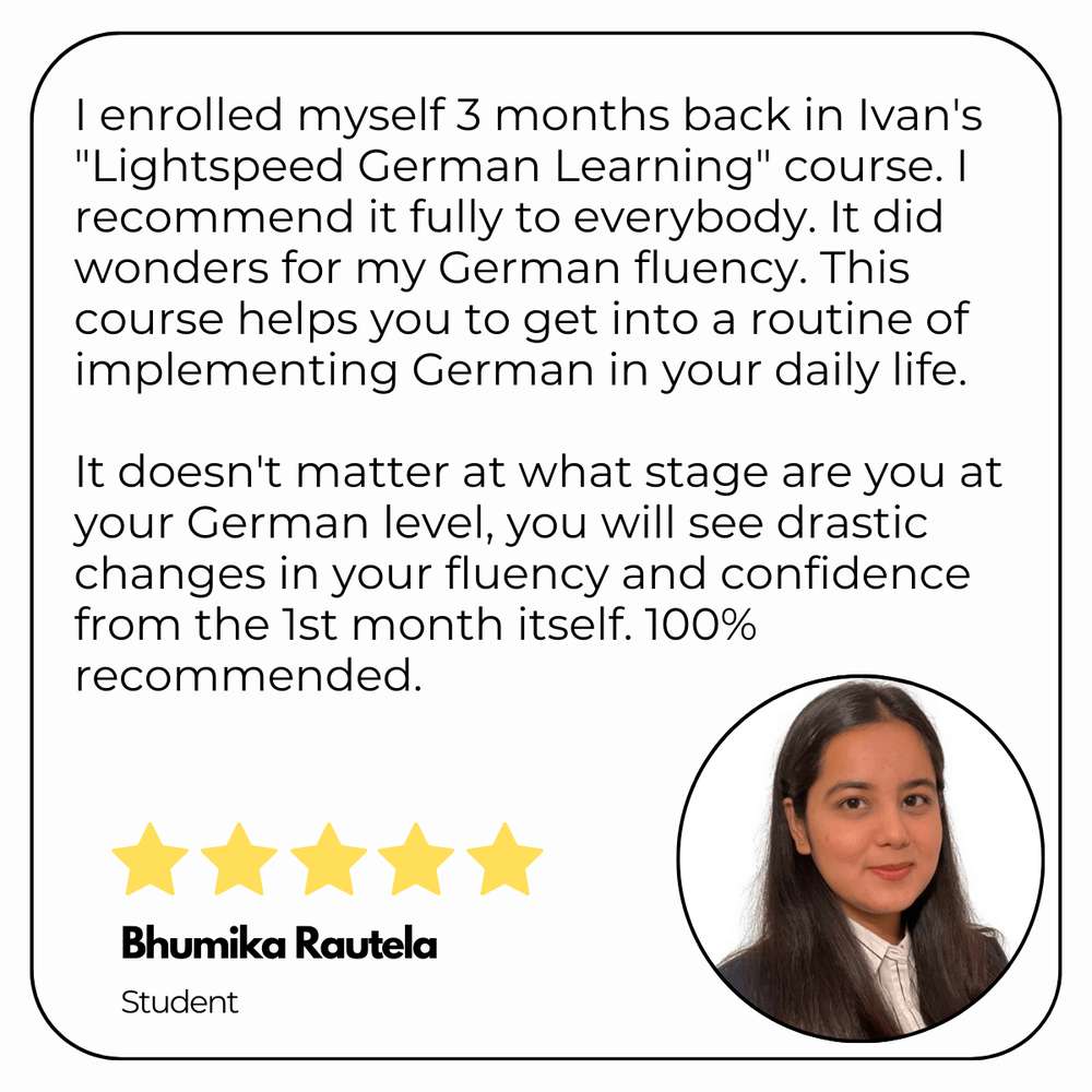 Written testimonial card from a Lightspeed German Learning student.